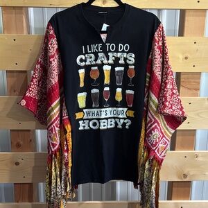 Upcycled I Like To Do Crafts (Beer) T with fringed Kantha sleeves, by Susie.